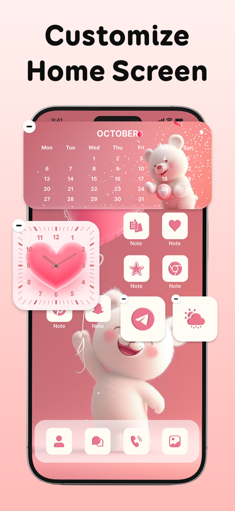 ThemeApp: Themes & Widgets - Customized iPhone home screen with a cute pink bear aesthetic theme and matching widgets