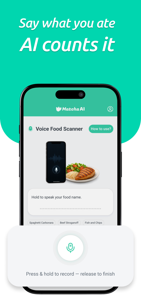 Matcha AI・Food Calorie Scanner - Matcha AIアプリのインターフェース。簡単な食事記録のためのボイスフードスキャナー機能を表示