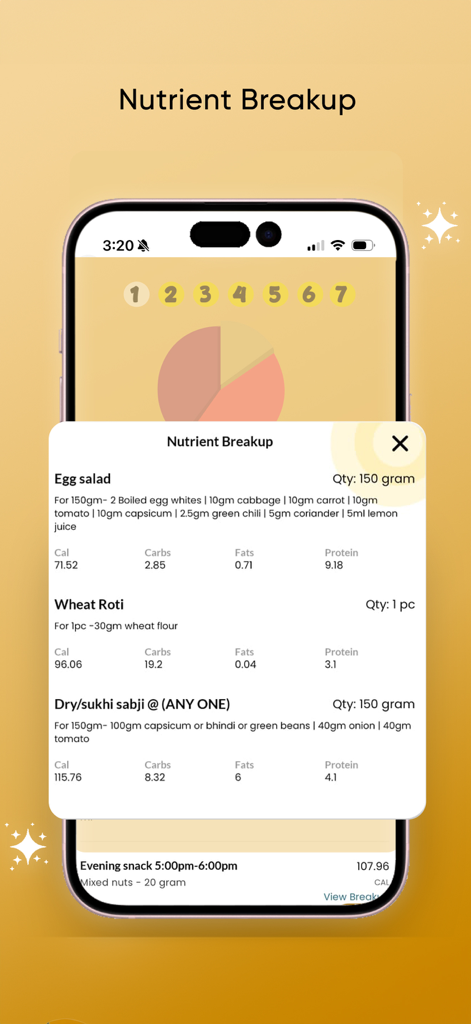 ImWow - ImWow app interface showing detailed nutritional values for meals like egg salad and wheat roti