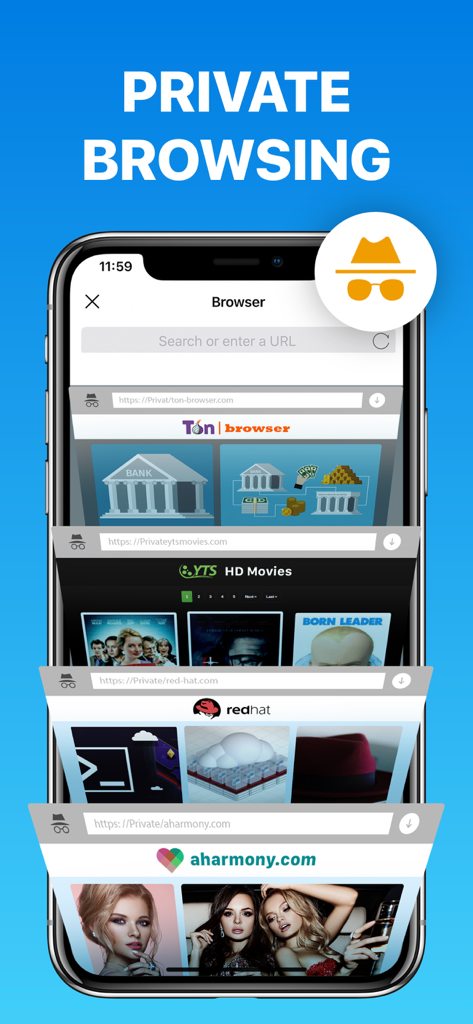 A smartphone showing the private browsing feature of the Photo Vault app with multiple open browser tabs in incognito mode