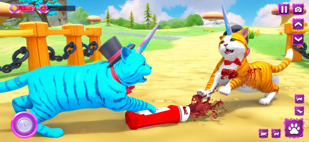 My Pet Cat Life Simulator Game - Two magical cats with unicorn horns and top hats playing in a 3D world