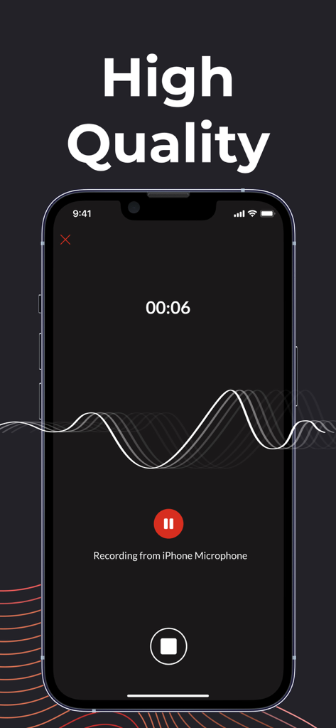 Interfaz de la aplicación VoiceNotes grabando audio en un iPhone con visualización de forma de onda y temporizador