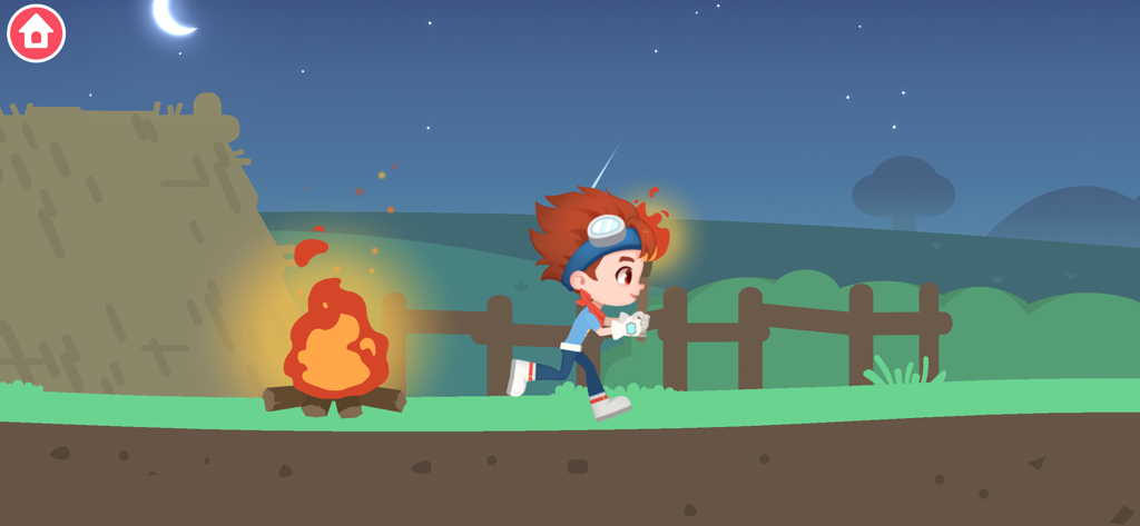 Dinosaur Time Machine Games - A character running past a campfire and a primitive hut under a starry night sky
