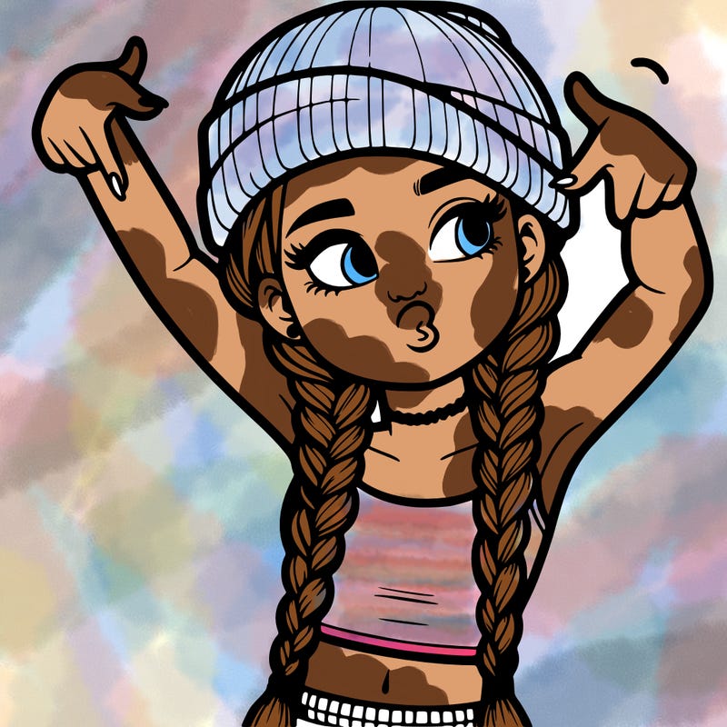 realistic teenage girl with braids and a beanie and crop top doing 🫶🏼