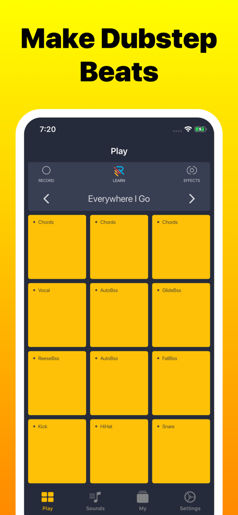 Dubstep Drum Pads 24 - Interface do aplicativo móvel Dubstep Drum Pads 24 com pads de som amarelos para criação de batidas