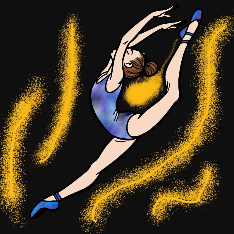 gymnast doing a leap in a leotard with a bent back leg