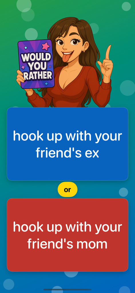 Una mujer de dibujos animados sosteniendo una tarjeta de ¿Tú Preferirías sobre dos botones de elección social