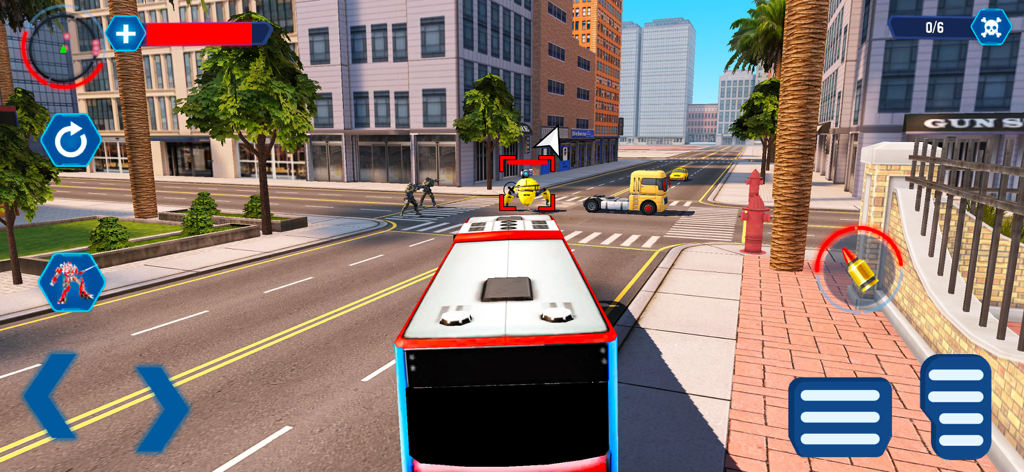 Third person gameplay view of a robot bus battling enemies in a city street