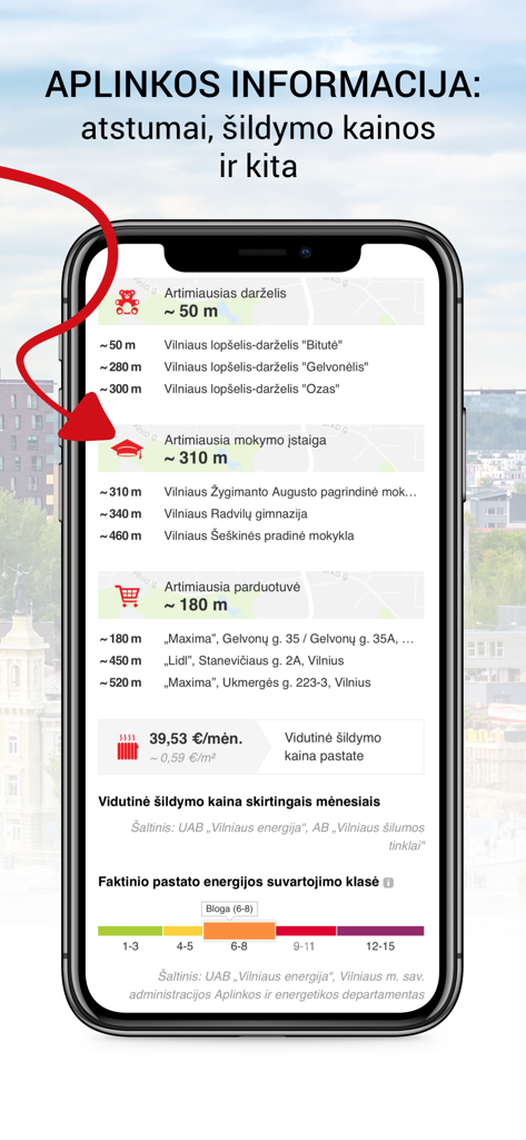 Real estate app interface displaying distance to schools and shops plus building heating costs and energy efficiency.