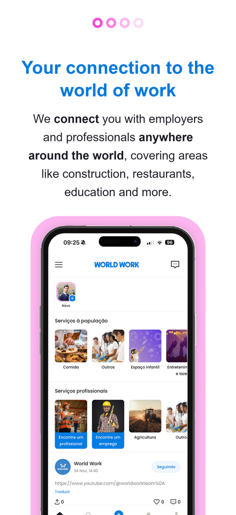 Pantalla de la aplicación World Work mostrando categorías de empleo y conexión de servicios profesionales