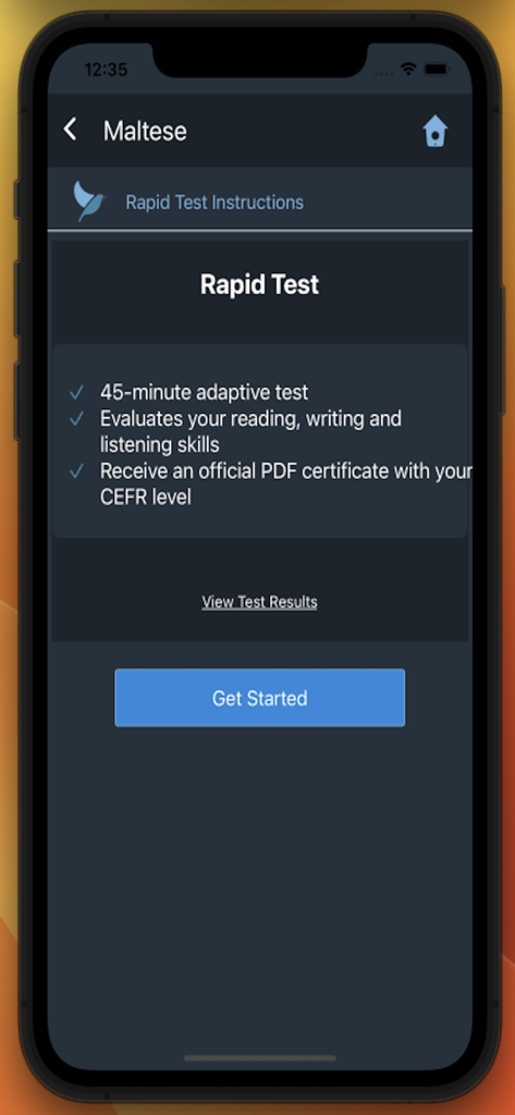 Bluebird: Learn Maltese - A mobile screenshot showing the Maltese language rapid test details including skills evaluation and CEFR certification.