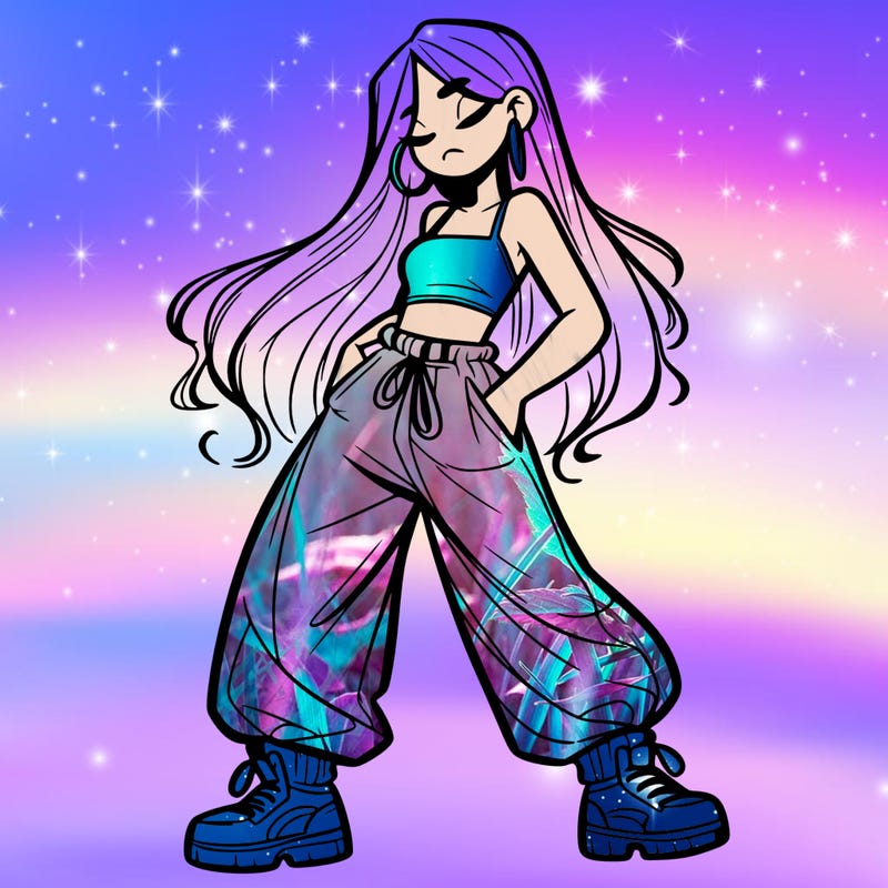 girl in baggy pants crop top and long hair