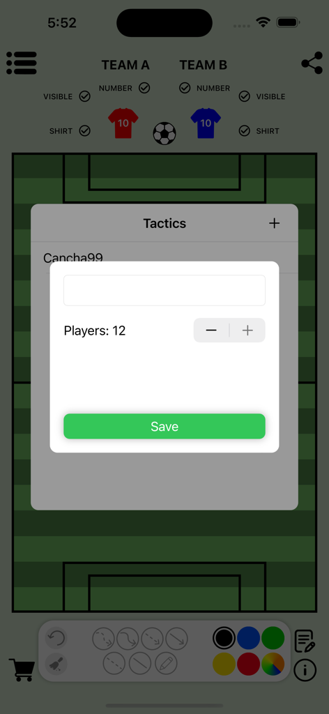 Soccer Tactics Board - A popup window in the Soccer Tactics Board app to save a new play and adjust the number of players.