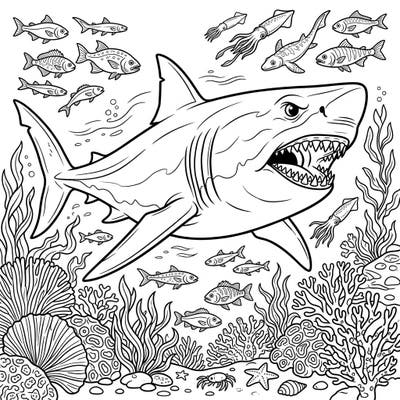 Unleash your creativity with this thrilling coloring page featuring the mighty Megalodon shark. Immerse yourself in a detailed depiction of its ancient marine ecosystem, teeming with diverse aquatic life and intricate coral.