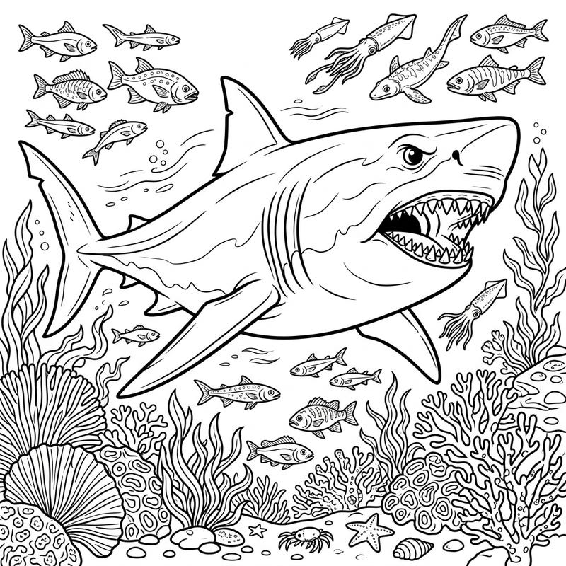 Unleash your creativity with this thrilling coloring page featuring the mighty Megalodon shark. Immerse yourself in a detailed depiction of its ancient marine ecosystem, teeming with diverse aquatic life and intricate coral.