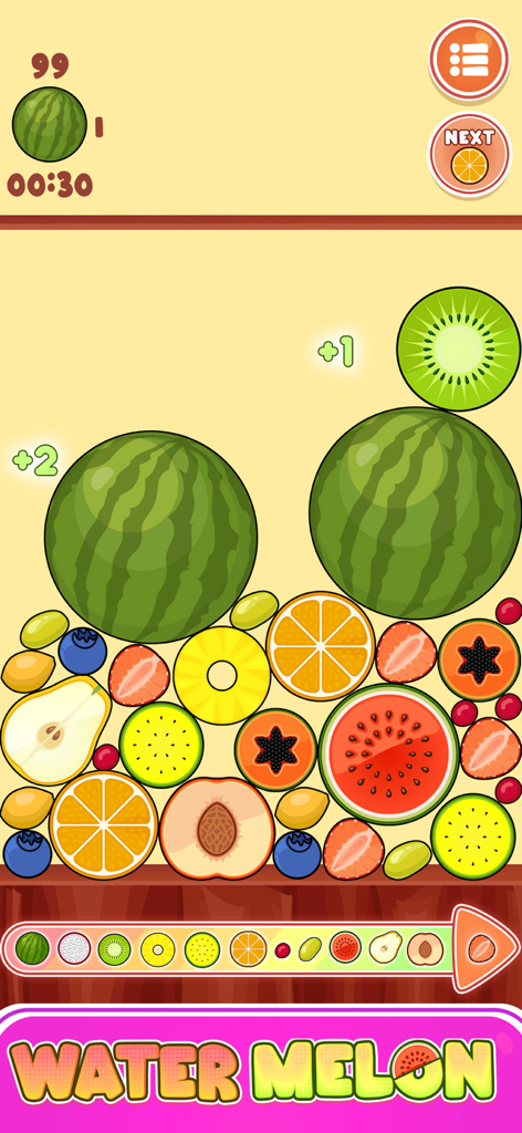 Gameplay screenshot of stacked fruits in Watermelon Game Juicy Merge