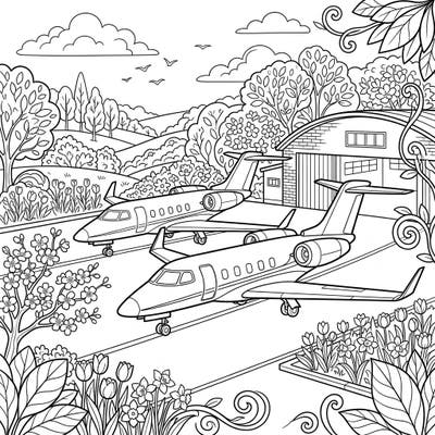 Experience the thrill of aviation mixed with the beauty of spring in this unique coloring page. Featuring elegant private jets nestled among vibrant spring flowers and a picturesque landscape, it's perfect for a relaxing creative escape.