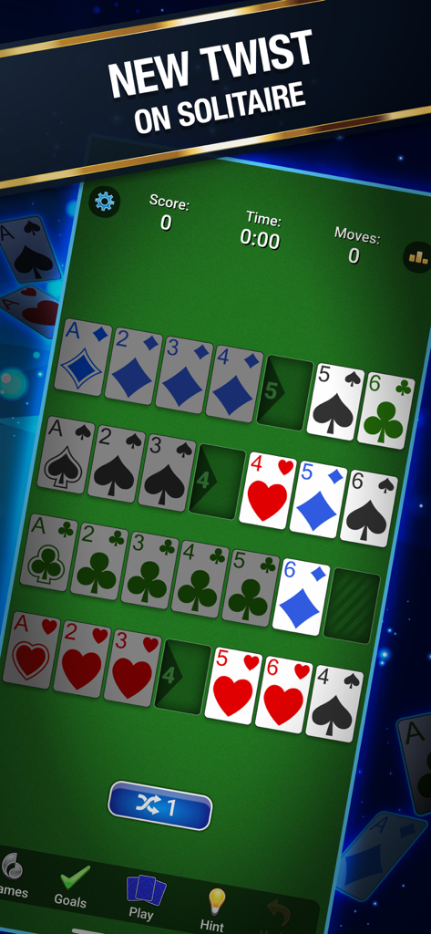 Gameplay screenshot of Addiction Solitaire featuring a classic green card table and sequential card sorting.