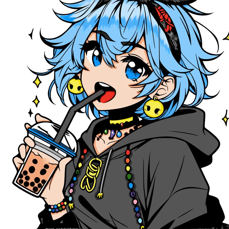hot baddie anime girl drinking boba and biting the straw