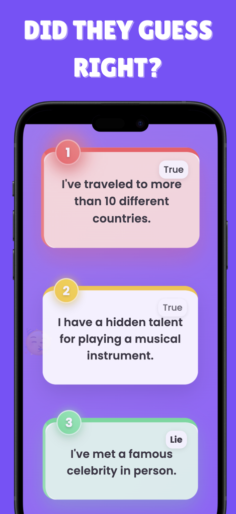 2 Truths and a Lie - A mobile phone screen showing two truths and one lie statements in the app