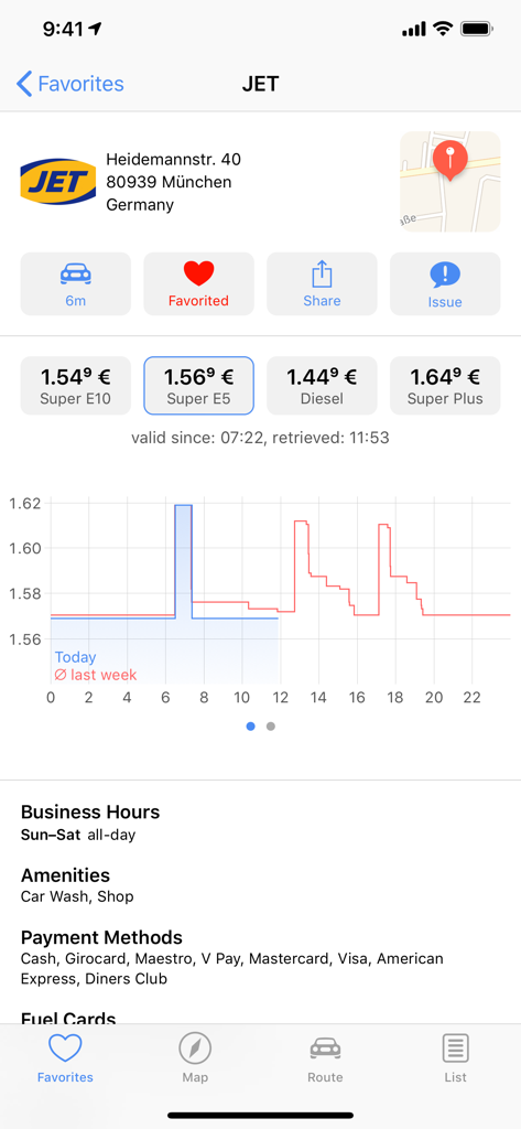 Detailed view of gas station prices and price history graph in the 1-2-3 Fuel app.