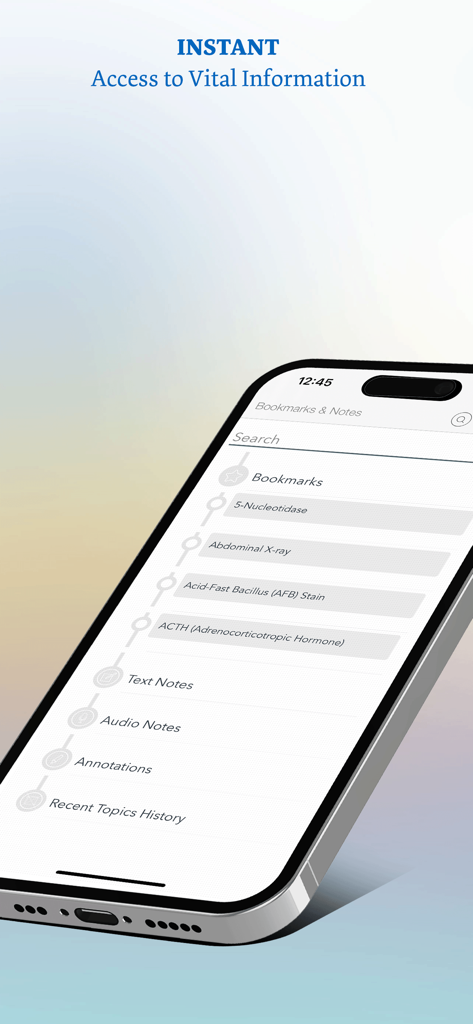 Lab Notes & Diagnostic Tests - A smartphone displaying the bookmarks and notes section of the Lab Notes and Diagnostic Tests app for medical professionals.