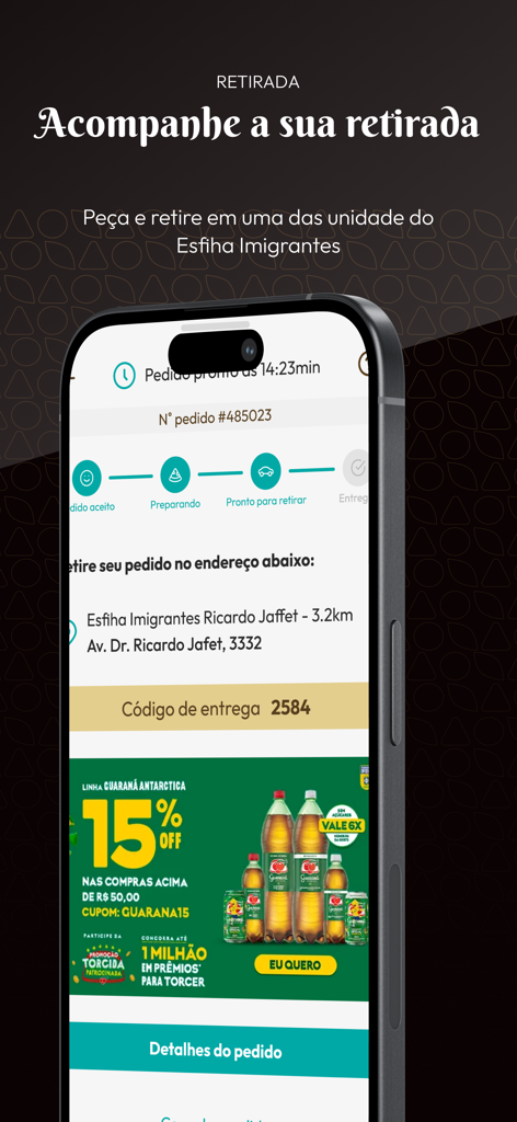 Esfiha Imigrantes - Tela do aplicativo móvel Esfiha Imigrantes mostrando o rastreamento do status de retirada do pedido e um banner promocional para Guaraná Antarctica