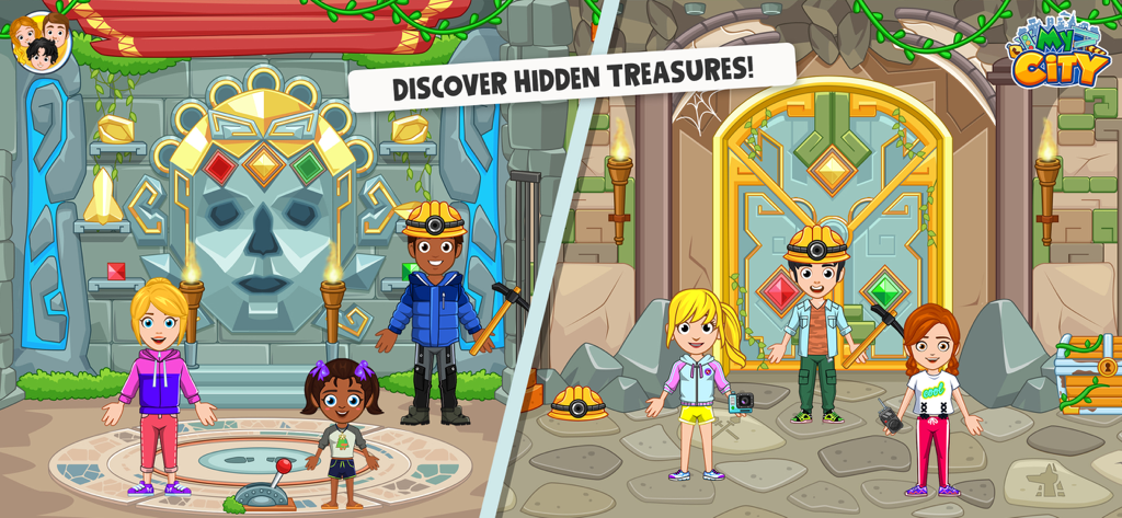 My City:Wildlife fun Adventure - Personaggi vestiti da esploratori e minatori che scoprono tesori nascosti all'interno di un tempio antico