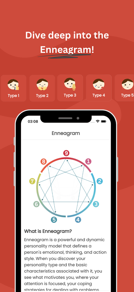 Enneagram 9 Type - Una schermata di telefono cellulare che mostra il diagramma circolare della personalità dell'Enneagramma e le descrizioni dei tipi