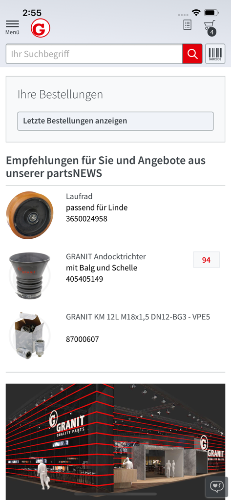 GRANIT PARTS - Schermata principale dell'app GRANIT PARTS che mostra consigli sui prodotti e barra di ricerca per pezzi di macchinari