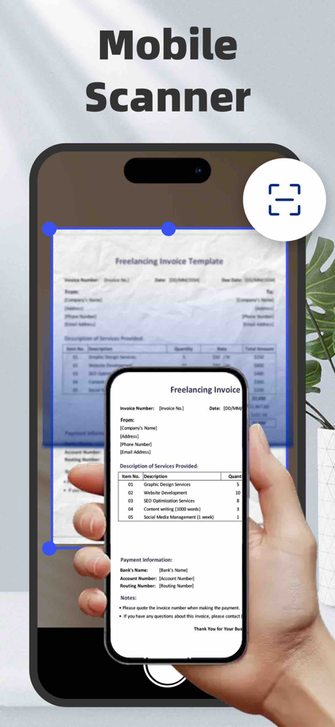 AI PDF Converter: Files to PDF - KI-PDF-Konverter-App scannt eine Papierrechnung mit automatischer Kantenerkennung auf einem iPhone