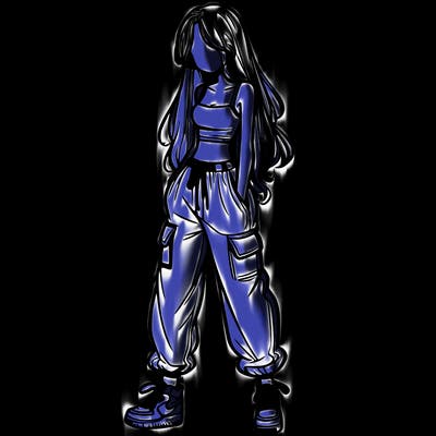 girl in baggy pants crop top and long hair