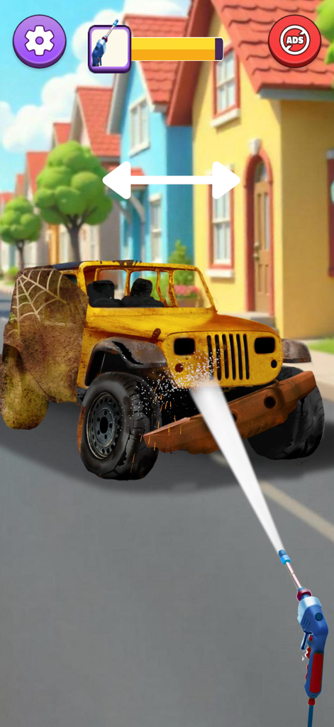 Car Satisfying: Cleaning ASMR - 満足感のあるシミュレーションゲームで、汚れた黄色い車を高圧洗浄機で洗っている様子