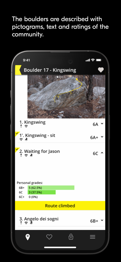 Bimano Boulder - Bimano Boulder app showing a boulder topo with routes, difficulty grades and user ratings