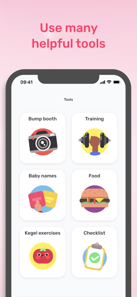 Preggers | Pregnancy tracker - A mobile app interface from Preggers showing a variety of pregnancy tools including Bump booth Training Baby names and Food guides