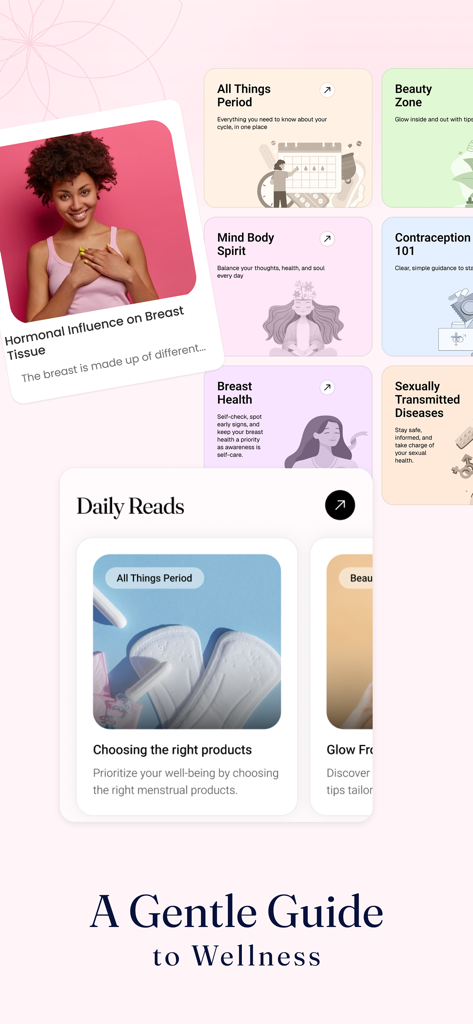 iChums app screenshot showing the Daily Reads section with educational articles on period health wellness and contraception