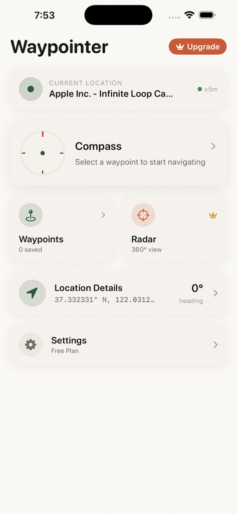 Waypointer - GPS Compass - Main dashboard of the Waypointer app displaying navigation tools like compass waypoints and radar