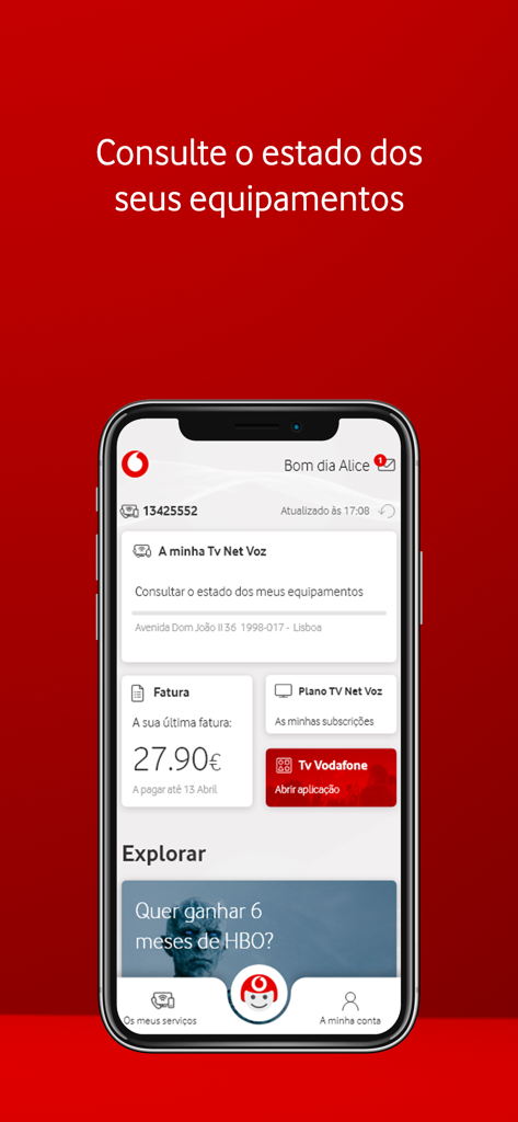 Panel de la aplicación My Vodafone Portugal que muestra el estado del servicio y los detalles de facturación en la pantalla de un iPhone.