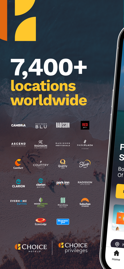 7,400개 이상의 전 세계 지점과 다양한 호텔 로고를 보여주는 초이스 호텔 브랜드 포트폴리오