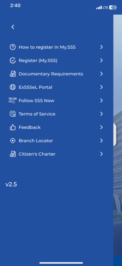 MySSS - Hauptmenübildschirm der MySSS-App mit Links für Registrierung und Dienste