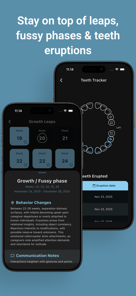 My Milk Stash: Pumping tracker - Mobile App-Oberfläche, die Bildschirme zur Verfolgung von Babywachstumsschüben und Zahnungsfortschritten anzeigt.