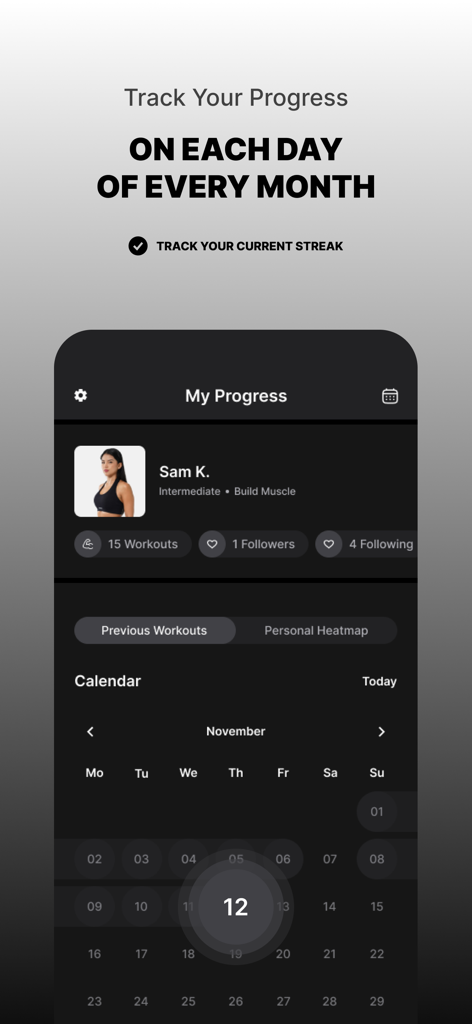 Thenx アプリのインターフェース、ワークアウトの進捗状況とフィットネスの連続記録を追跡する月間カレンダーを表示