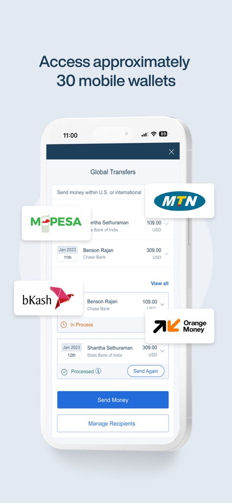 UNFCU Digital Banking interface for international transfers to global mobile wallets like M-Pesa and MTN.