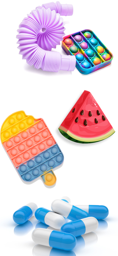 Una colección de objetos sensoriales satisfactorios que incluyen juguetes pop it, un tubo pop y una rodaja de sandía para el juego ASMR.