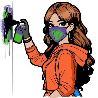 realistic girl with mask spray painting a wall