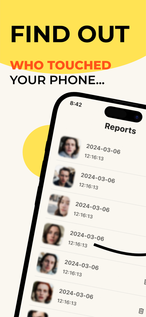 Screen showing photos and timestamps of people who accessed the phone without permission