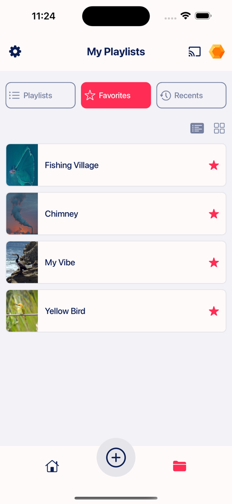 Fuevana IPTV Pro - Interface do aplicativo Fuevana IPTV Pro exibindo uma lista de playlists de mídia favoritas em um iPhone.