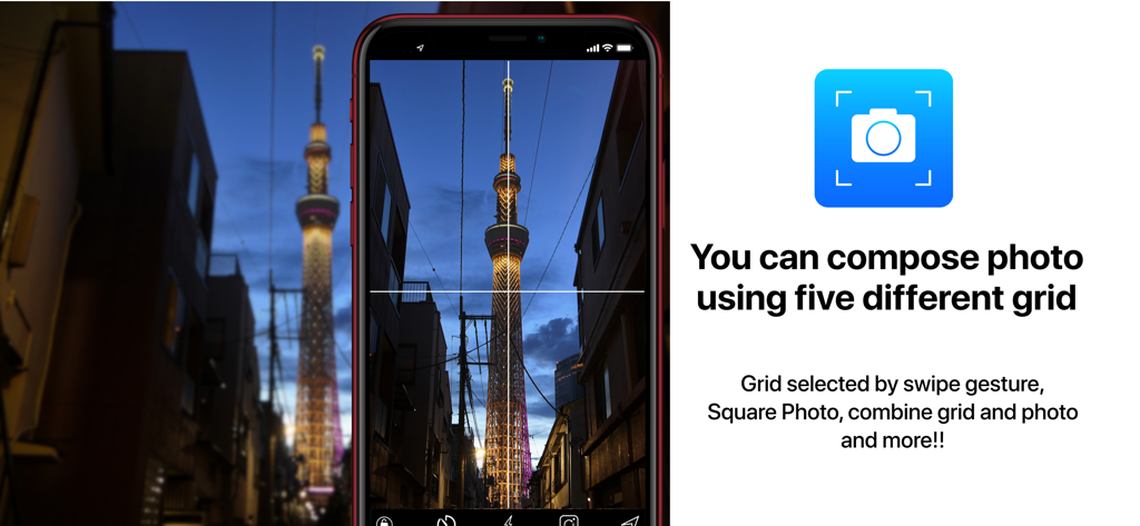 Gcamera - Gcamera app interface showing a skyscraper being aligned using a composition grid on an iPhone