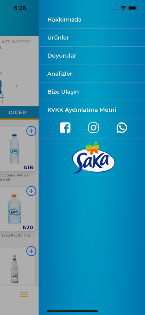 Saka Su mobile app side navigation menu showing links for products and company information