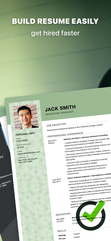 Um modelo de currículo profissional para um gerente de marketing criado com o aplicativo AI Resume Builder